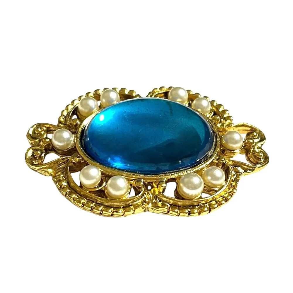 Vintage Brooch Pin Gold Tone Blue Oval Cabochon Imitation Pearl Accent Jewelry